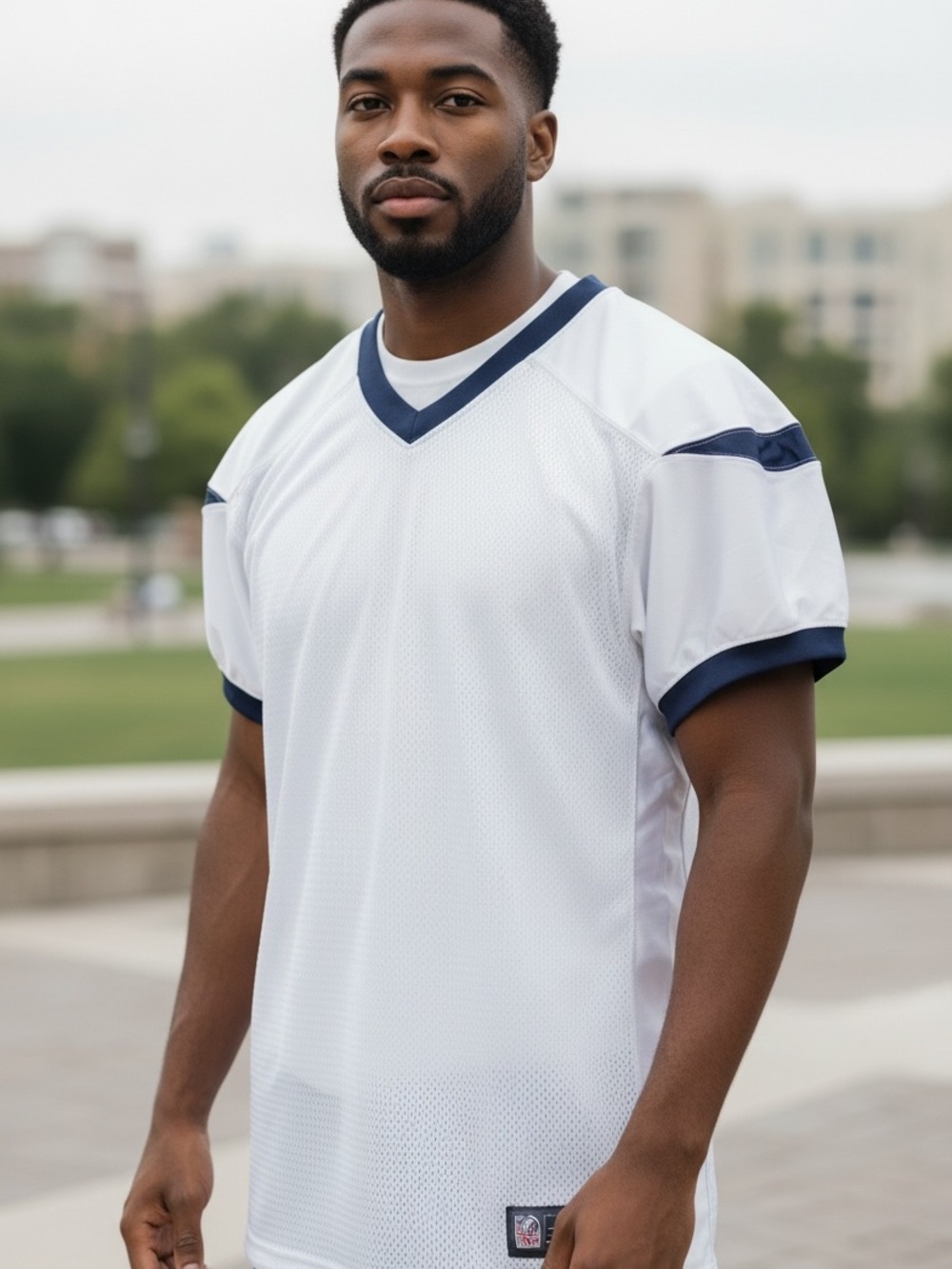 Men's White V-Neck Athletic Mesh Jersey with Navy Trim